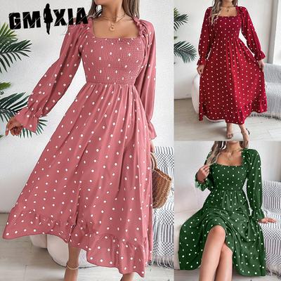 Autumn and Winter Casual Black Ear-trimmed Square Collar Polka Dot Long Skirt for Women
