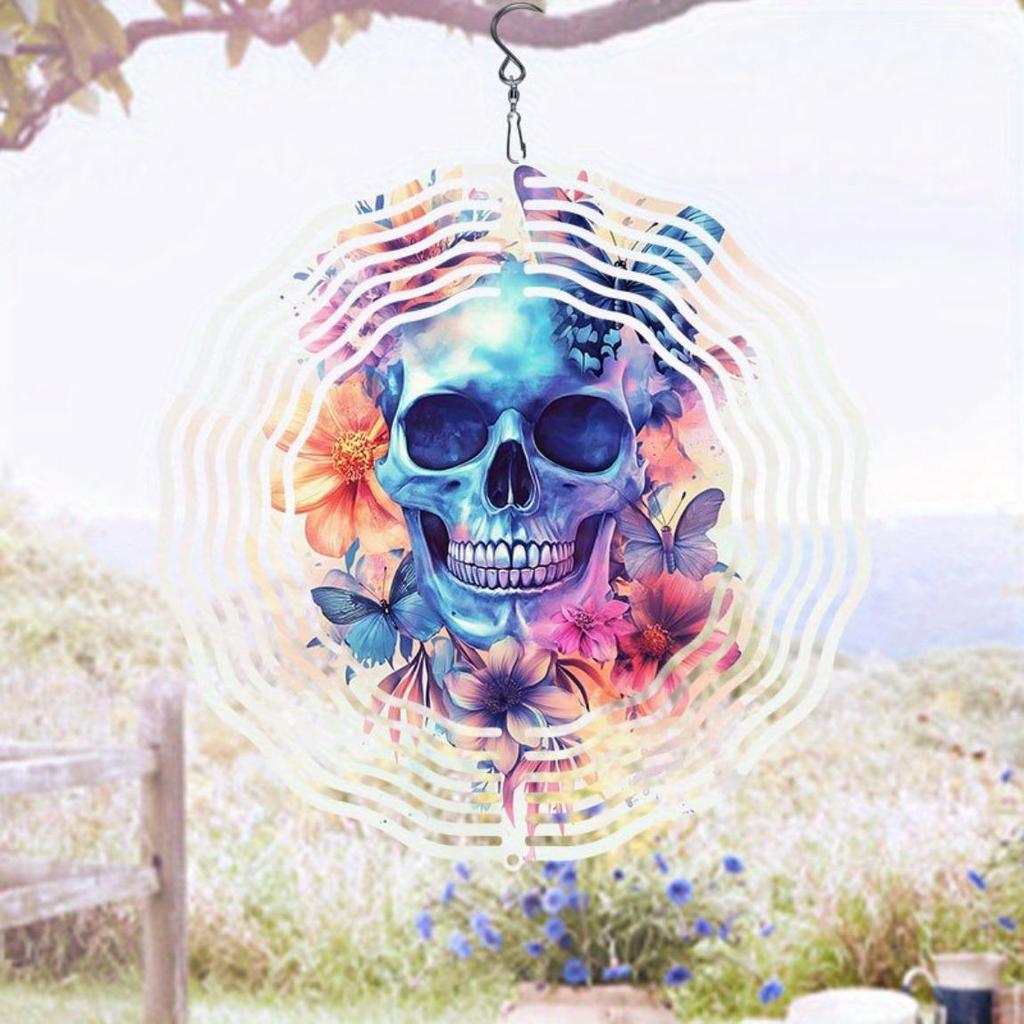 360° Rotating Wind Chime with Colorful Butterfly & Skull 2D Metal Art - Outdoor/Indoor Garden & Patio Decor, No Electricity Needed