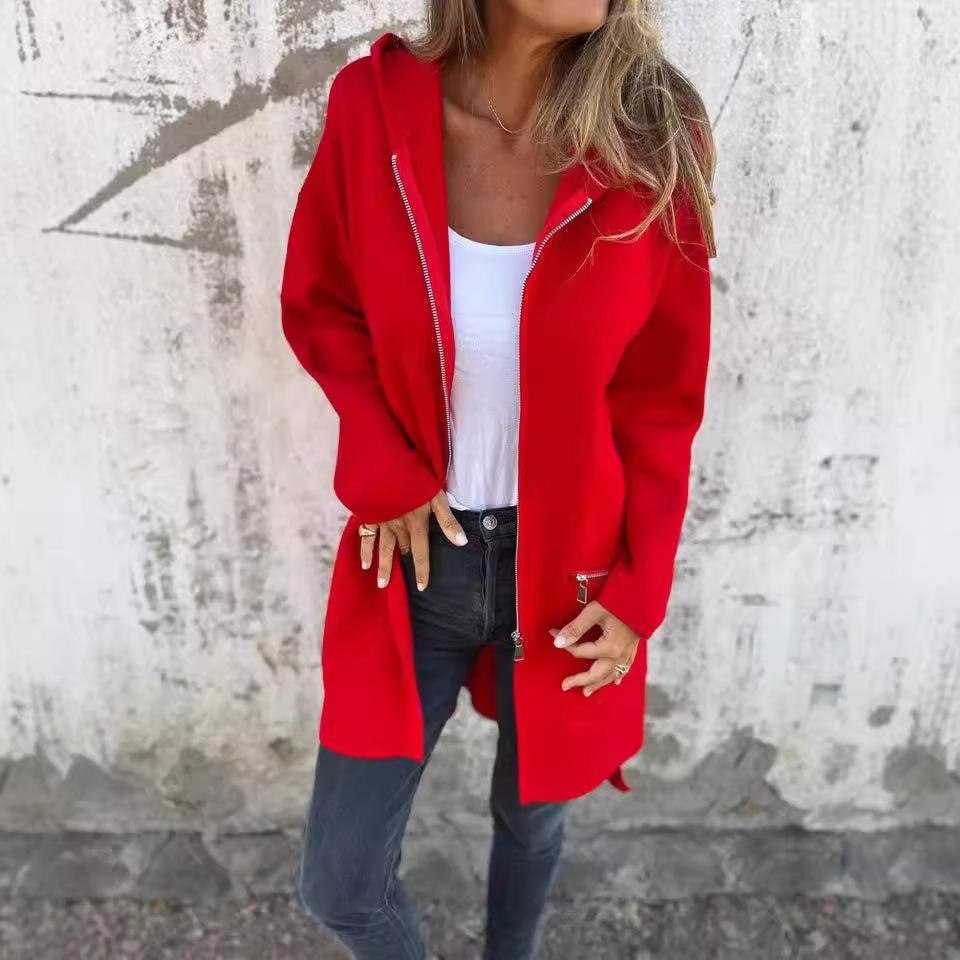 Women S Solid Color Casual Zip Up Hooded Coat
