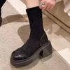 Large size boots autumn and winter new thick-soled thick heel retro black suede round head over the knee elastic thin boots