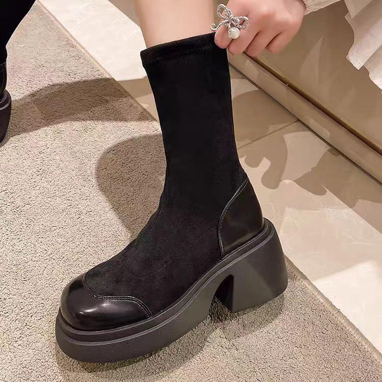 Large size boots autumn and winter new thick-soled thick heel retro black suede round head over the knee elastic thin boots