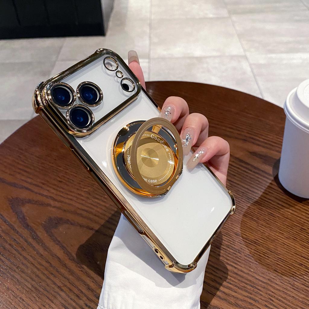 Rotating Stand Wireless Charge Clear Case For iPhone 17 Air 16E 15 14 Plus 12 13 11 Pro Max Four Corner Enhance Shockproof Cover