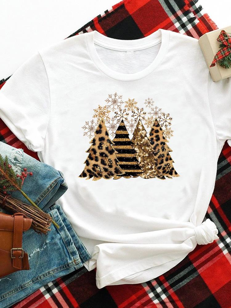 (Asian Size) merry Christmas new year o-neck Women's Top T Clothing Print bow style trend Short Sleeve T-shirts Fashion holiday Graphic Tee