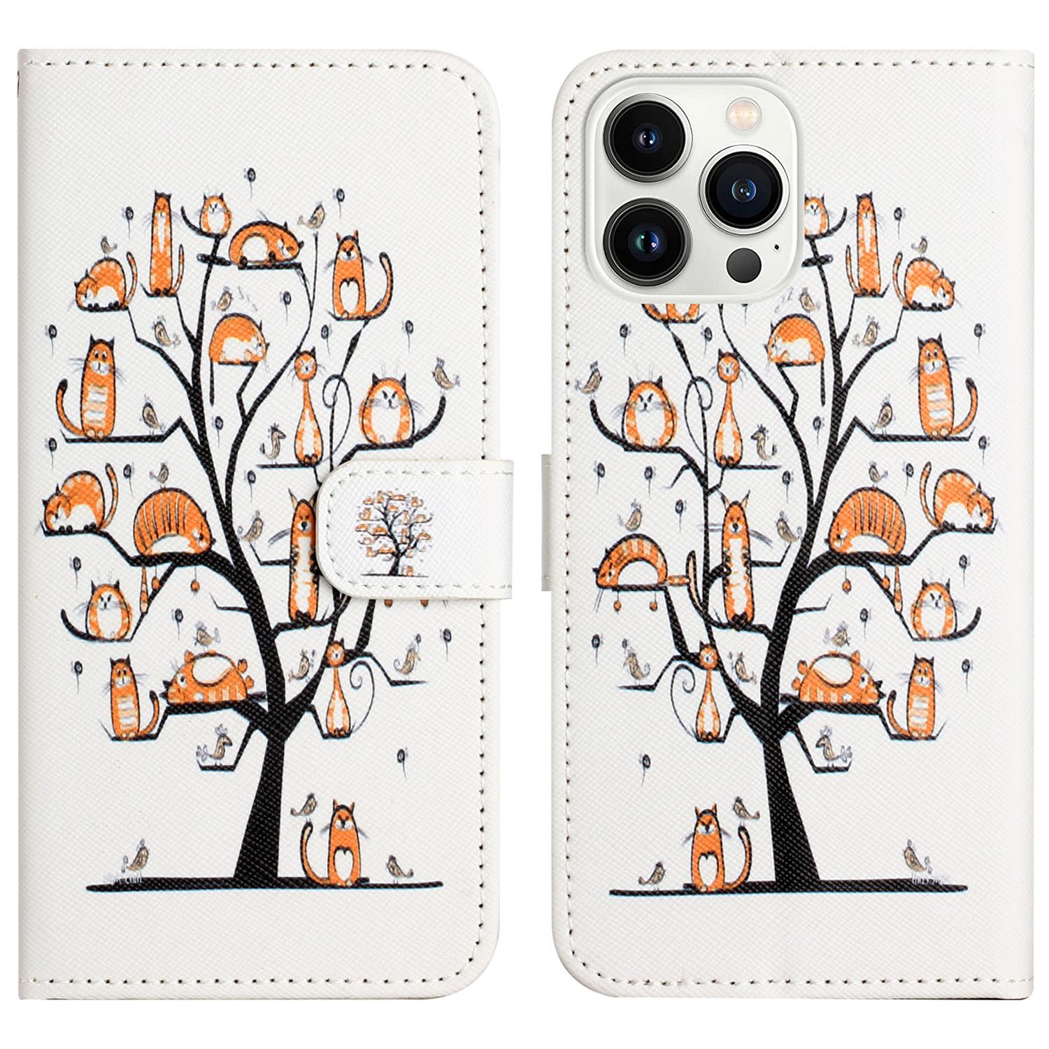 

For iPhone 16 Pro Max Wallet Case PU Leather Phone Cover Cross Texture Pattern Print Cat and Tree