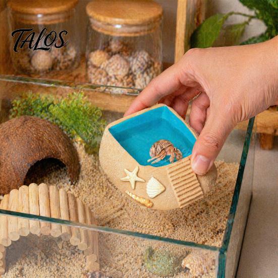 Aquarium Decor for Reptiles Beach Pool Hermit Crab Habitat Ornament with Climbing Ramp & Starfish Shell Reptile Water Basin Conch Decor, Decoration