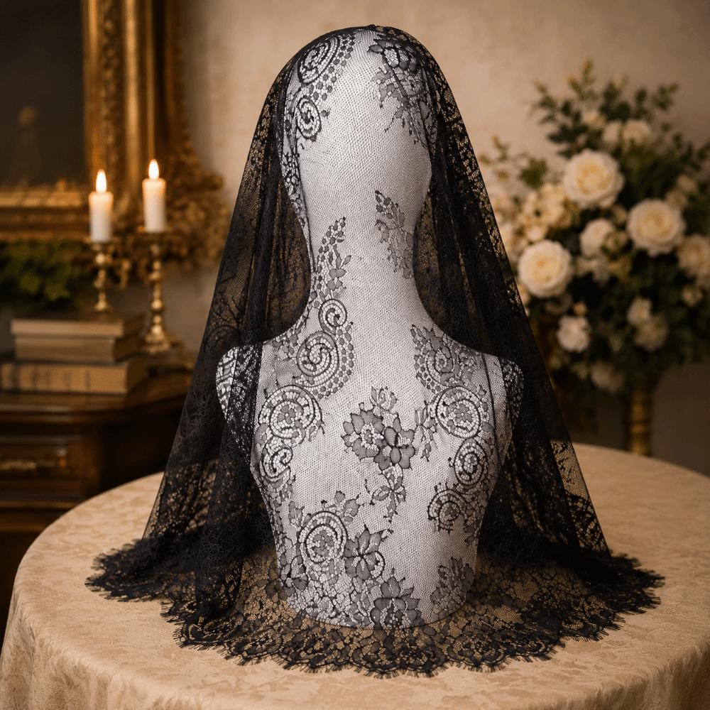 Floral Pattern Lace Veil Black White Lace Shawl Romantic Bridal Shawl Woman 1-Black