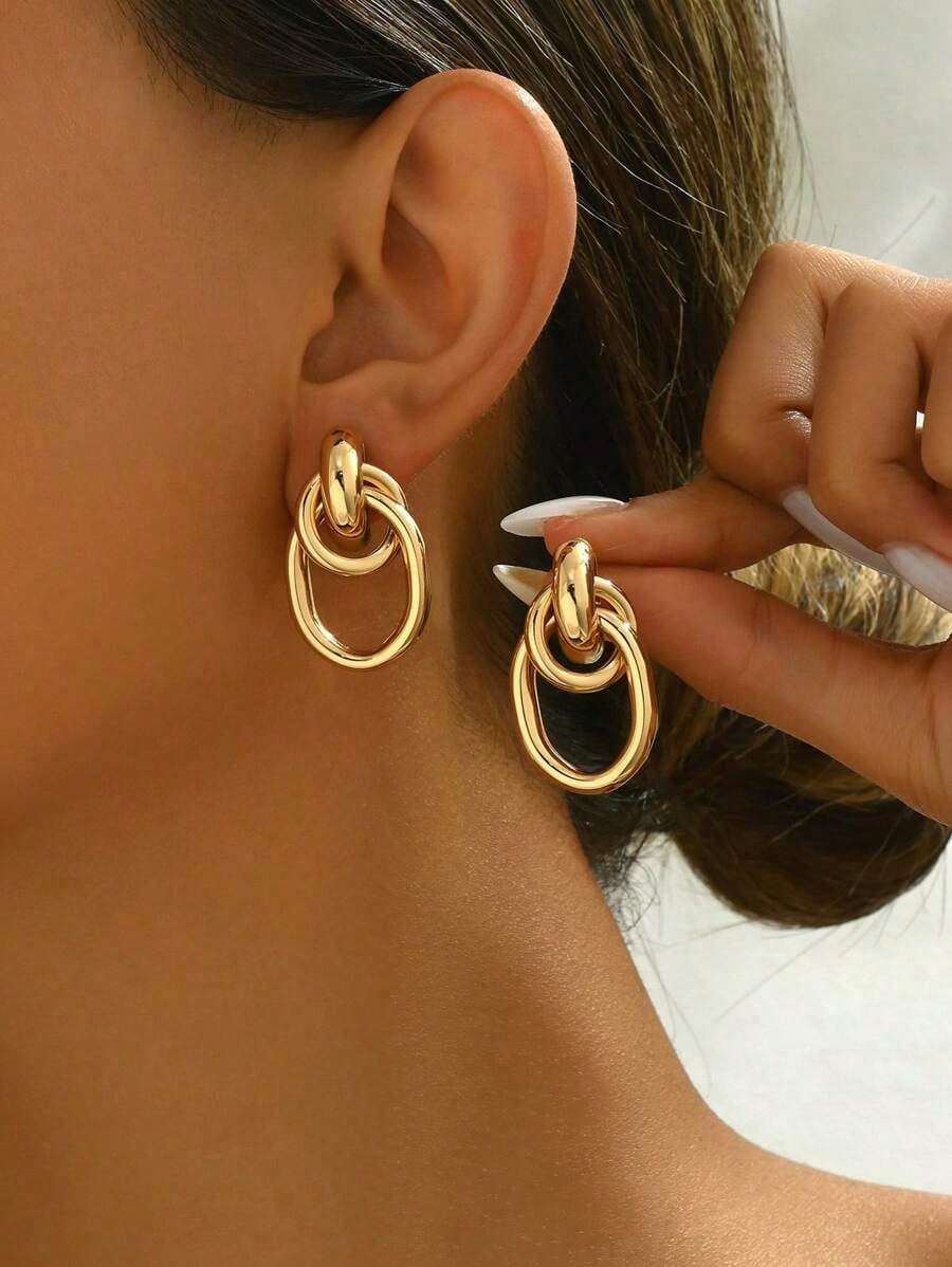 1pair Fashionable Multi-Turn Knotted Design Stud Earrings For Women, Double Hoop Studs, Statement Dangling Earrings, Unique Earrings one-size