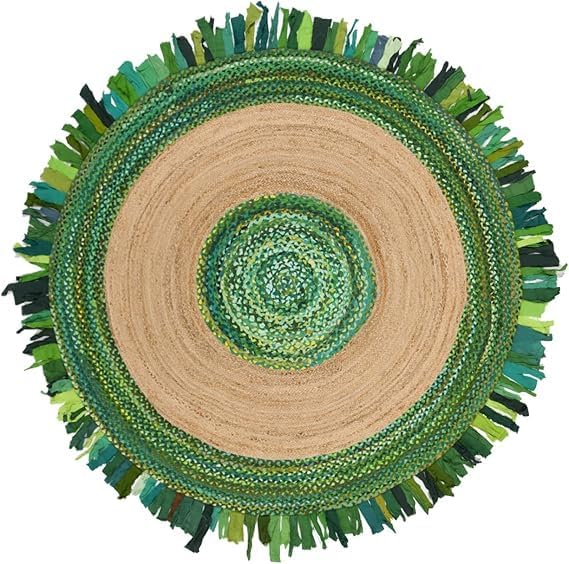 Aizza Trends Indian Handmade Braided Natural Jute and Cotton Round Floor Area Rug- Jute Rug- Dining Room- Living room-Center Table Carpet-Floor Mat