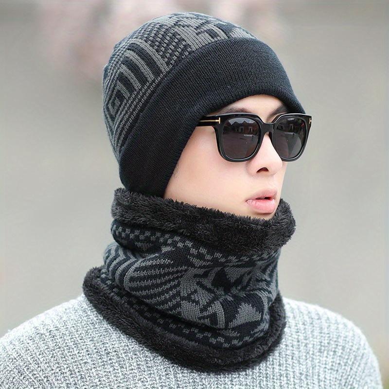 Men's Winter Beanie and Neck Warmer Set Polyester Knitted Hat with Plush Thicken Lining Cold-Resistant Outdoor Cycling Headwear