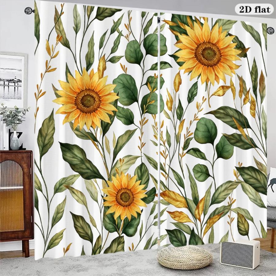 2PCS Digital Printed Curtains, Sunflower Green Branch Nature Botanical, Rod Pocket Window Drapes for Living Room Bedroom Decor