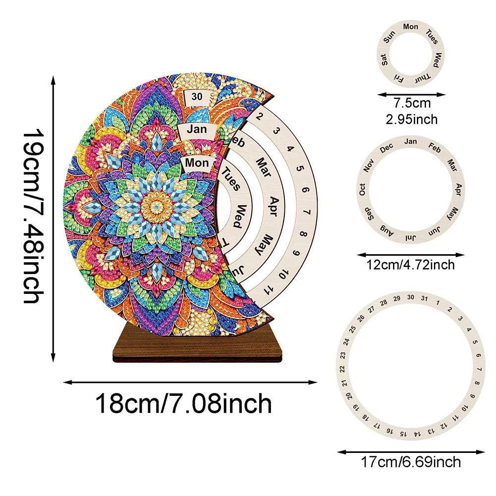 Wooden Special Shaped Colorful Pattern Diamond Art Desktop Perpetual Calendar Diamond Painting Dial Moon Calendar for Beginners