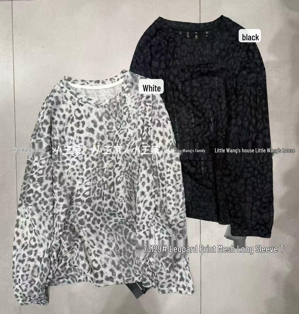 Xiao Wang's Spring Loose Plus-Size Casual Leopard Print Cutout Round Neck Long Sleeve T-shirt