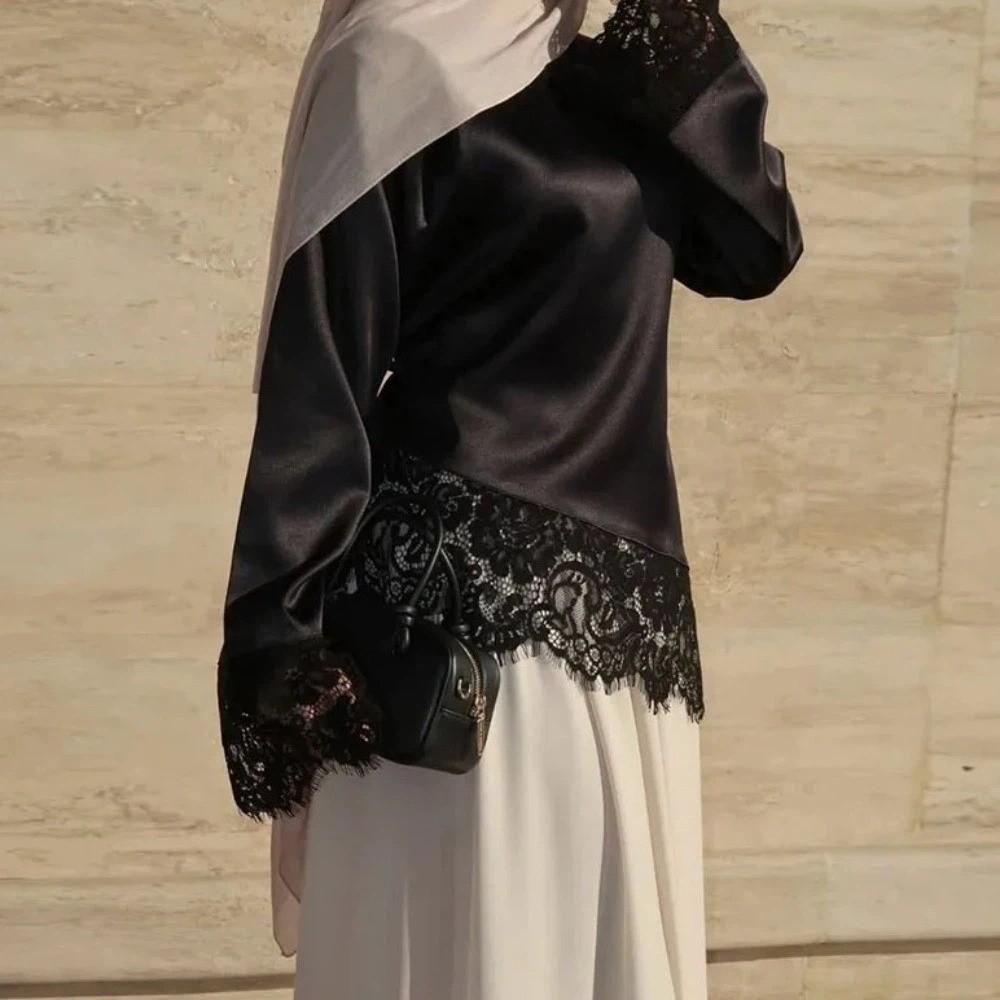 Satin Lace Patchwork Long Shirt Round Neck Slim Belted Blouse Women's Lace-up Tops  Office Ladies