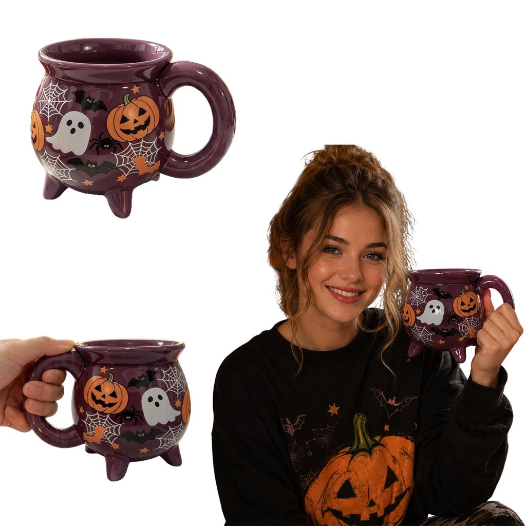 Taza de Cerámica de Halloween - Forma de Caldero Morado con Calabaza y Diseño, Vajilla para Fiestas Festivas, 12 oz