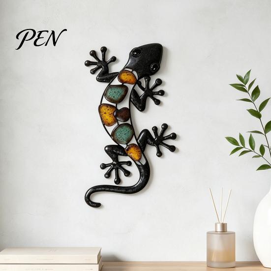 Artistic Wall Ornaments for Living Room Metal Gecko Lizard Decor, Colorful Painted Iron Art, Indoor Outdoor Sculpture Farmhouse Hanging Ornament