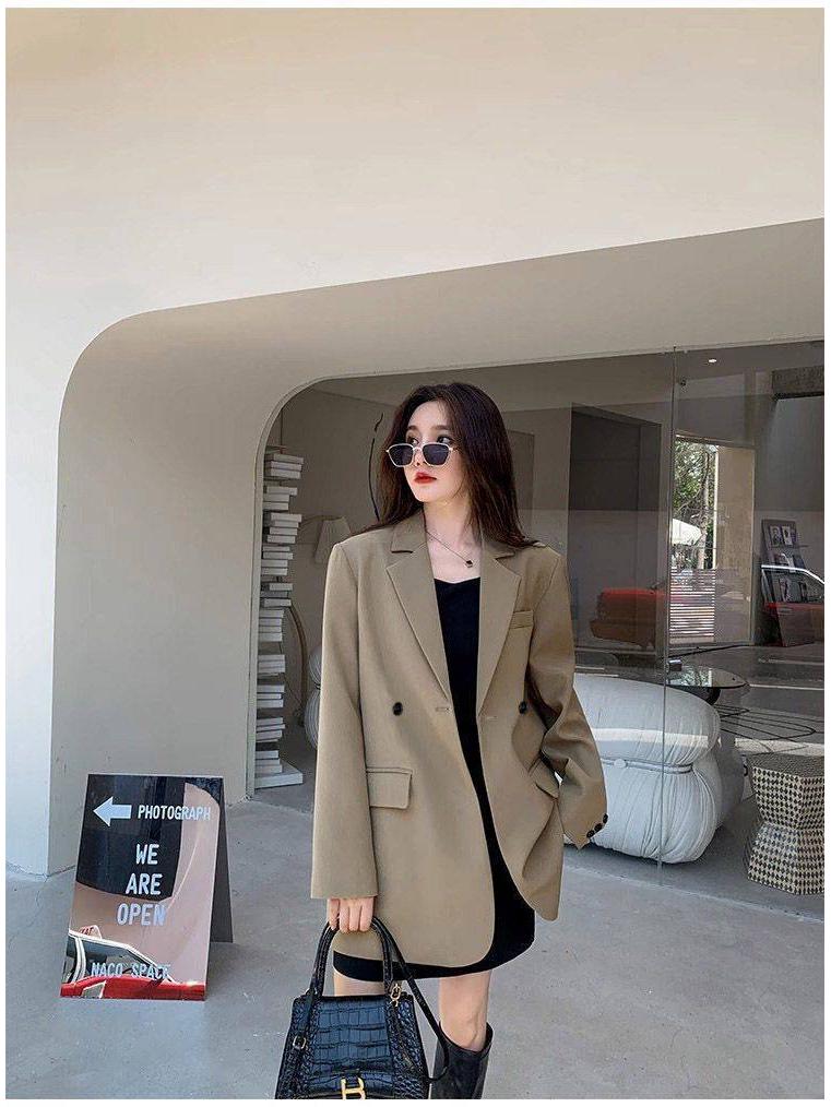 Women's Oversized Khaki Casual Blazer - Korean Style, Loose Fit, High-End Niche Fashion