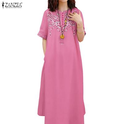 Rochie casual de damă cu imprimeu retro, gât rotund, mânecă scurtă, croială largă
