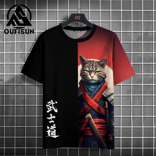 Japanese Anime Samurai Cat T-Shirt For Men 3d Animal Print Short Sleeve Tops Tees Casual T-Shirt Oversized Shirt  Men Clothing
