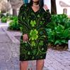 Women Plus Size V Neck Long Sleeve Shamrock Printed Dark Green Fitted Straight Dress