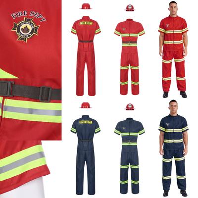 Herren Feuerwehrmann Kostüm Set 4-teilig Plastikhelm Kurzarmjacke Hose Gürtel Reflektierende Streifen