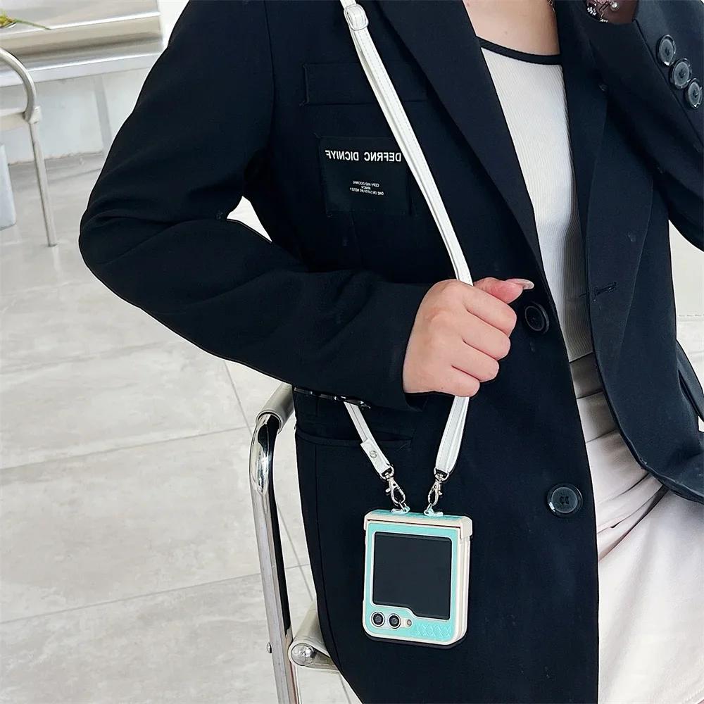Lanyard Crossbody Weave Leather Phone Case for Samsung Galaxy Z Flip 6 5 4 3 Flip6 Flip5 Flip4 Flip3 5G Protective Cover