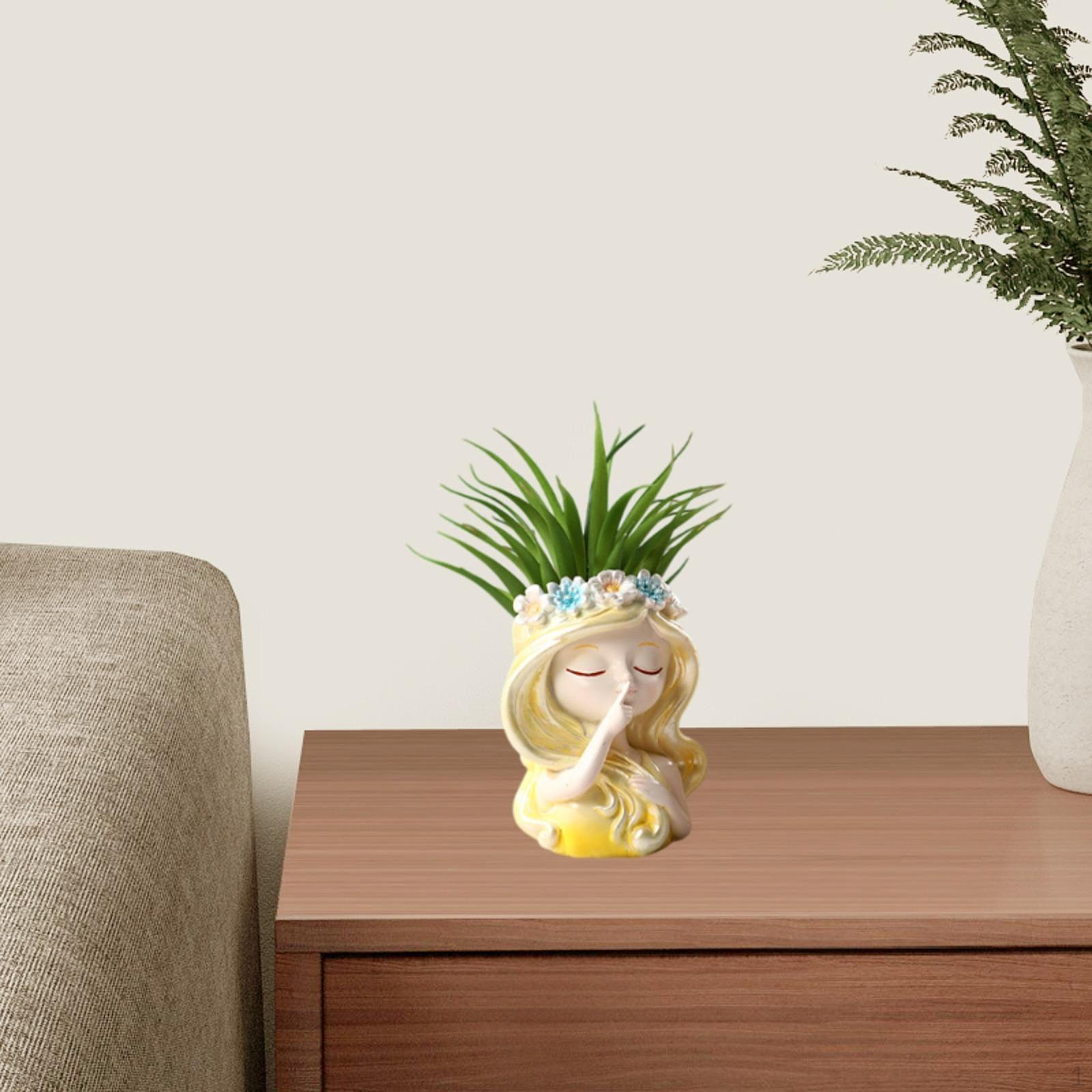 

Горшок для растений в виде головы феи, декоративная ваза, креативный декор, мультяшный орнамент из смолы, лицо девушки, цветочный горшок жёлтый