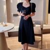 Plus Size Women's Summer Bow Back Dress - Waist-Cinching Slim Puff Sleeves Mid-Length Skirt