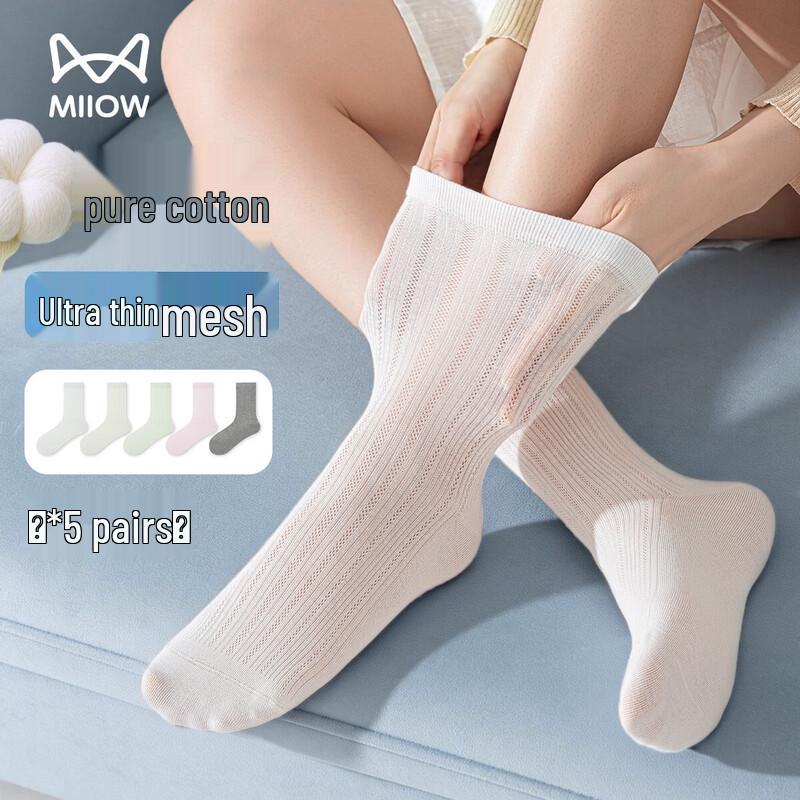 MaoRen Women s Summer Breathable Cotton Mesh Mid-Calf Socks 5-Pair Pack One Size