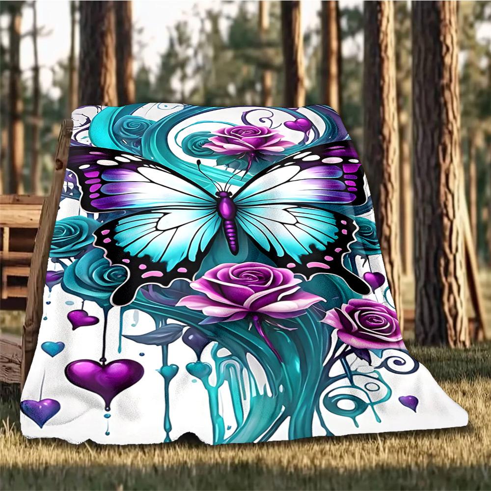 1pc Butterfly Roses Heart Outdoor Flannel Blanket Soft All Season Polyester Throw , Perfect for Picnics & Travel , Picnic Accessory