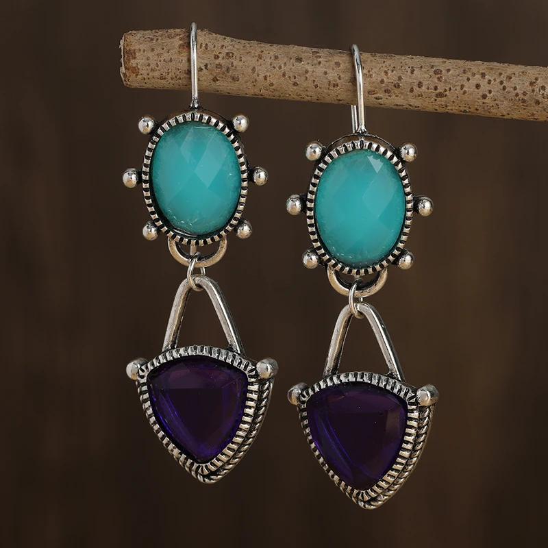 

Винтажные серьги с синим и фиолетовым камнем в этническом стиле, из металла медного цвета, оригинальные серьги-подвески для женщин