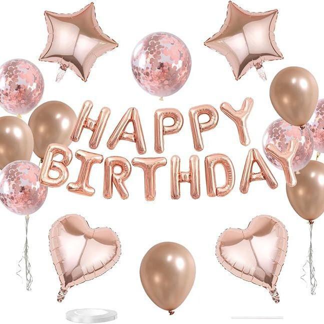 Black Gold Happy Birthday Decorations Balloon Kit with Banner Foil Heart and Star Valentine's Day Wedding Party Balloons