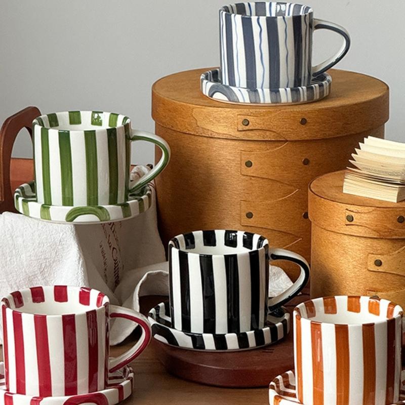 Cup Coffee Striped And Ceramic Saucer Set 5inch Elegant Pattern For Daily Beverages Ergonomic Grip Designs
