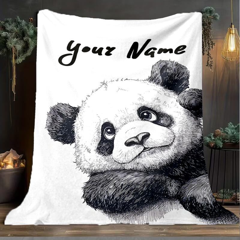 1PC Custom Name Panda Sketch Card outdooor Flannel blankets Throw Blanket All-Season Throw Gift Bedspread for Couch, Bed, Camping Holiday Birthda