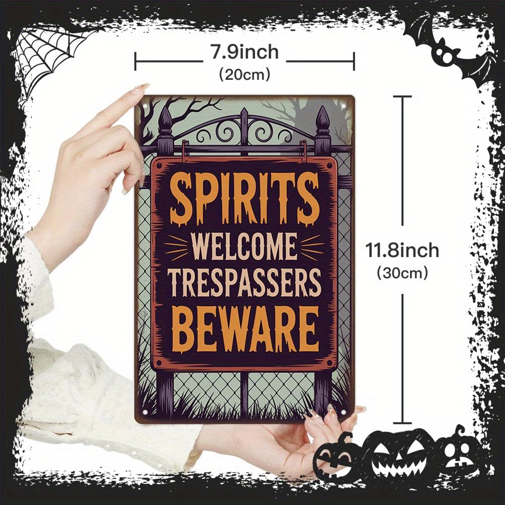 1pc Putuo Decor Vintage Halloween Metal Tin Sign - Spooky Gothic "Spirits Welcome Trespassers Beware" Wall Decor with Dark Backg