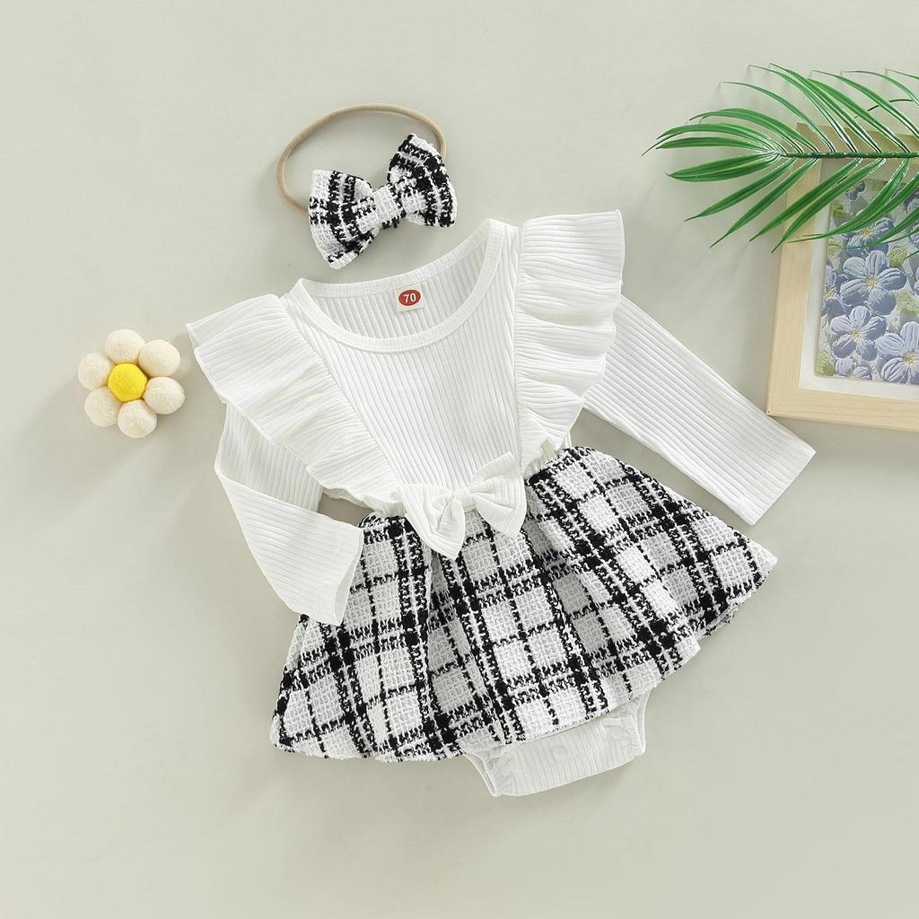 Baby Mädchen Strampler Kleid Set Lässige Rüschen Langarm Plaid Overalls und Stirnband für Neugeborene Kleinkind