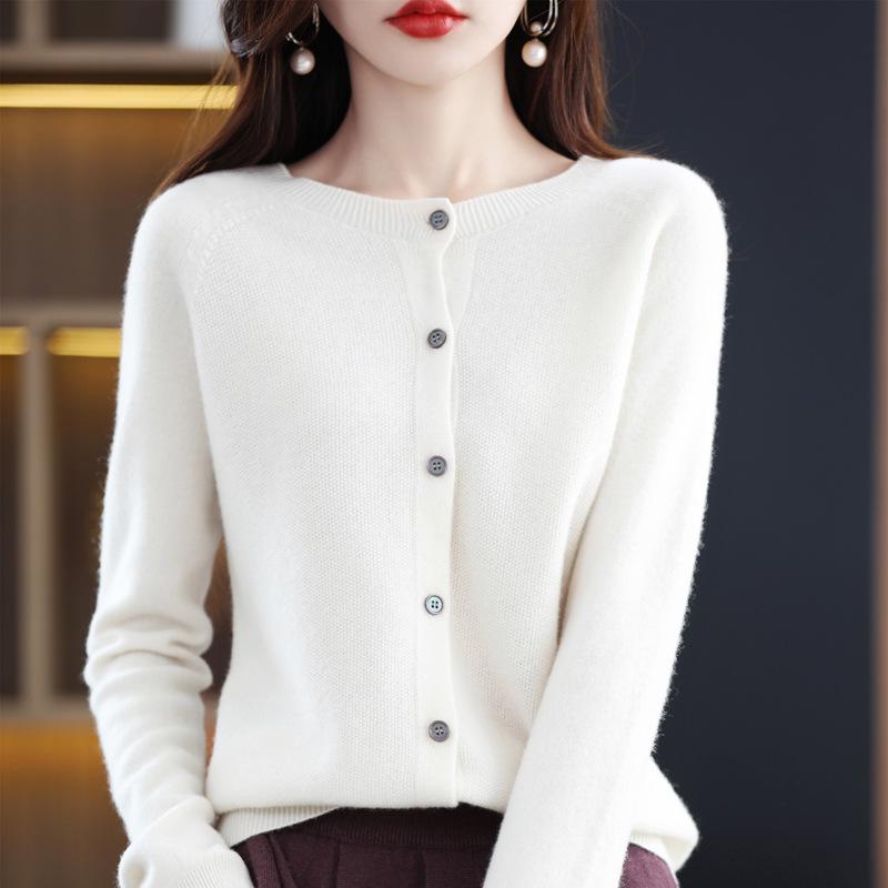 Premium Women's 100% Wool Knitted Cardigan - Slim Fit, Round Neck, Seamless Design for Autumn & Winter
