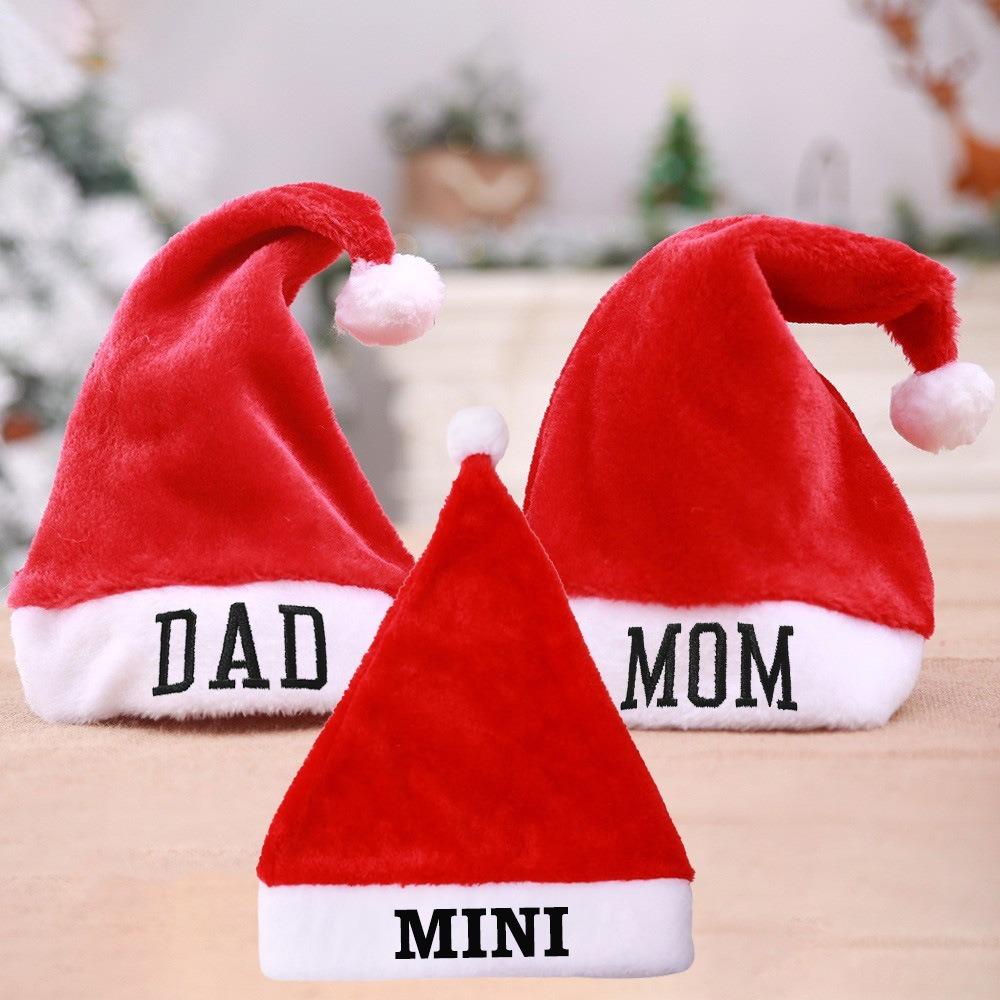 Fluffy Christmas Santa Cap DAD MOM MINI Embroidered Family Xmas Decor Hat Xmas Party Gift