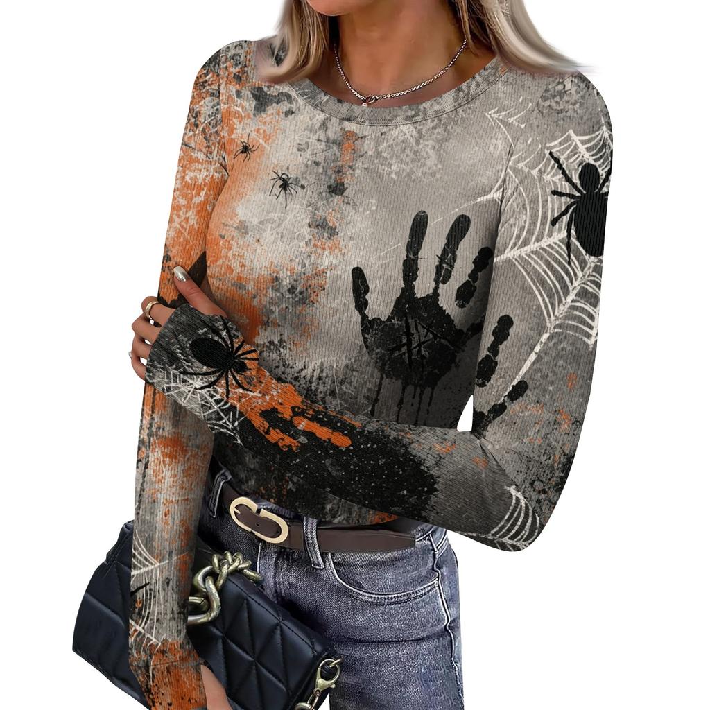 Women's Slim Fit Halloween Print Pullover Long Sleeve T Shirt Crew Neck Base Layer Top with Thumb Hole Cuffs