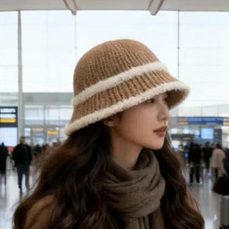Versatile Basin Hat Korean Face Small Bucket Hat Plain Striped Knitted Bucket Hat Tide