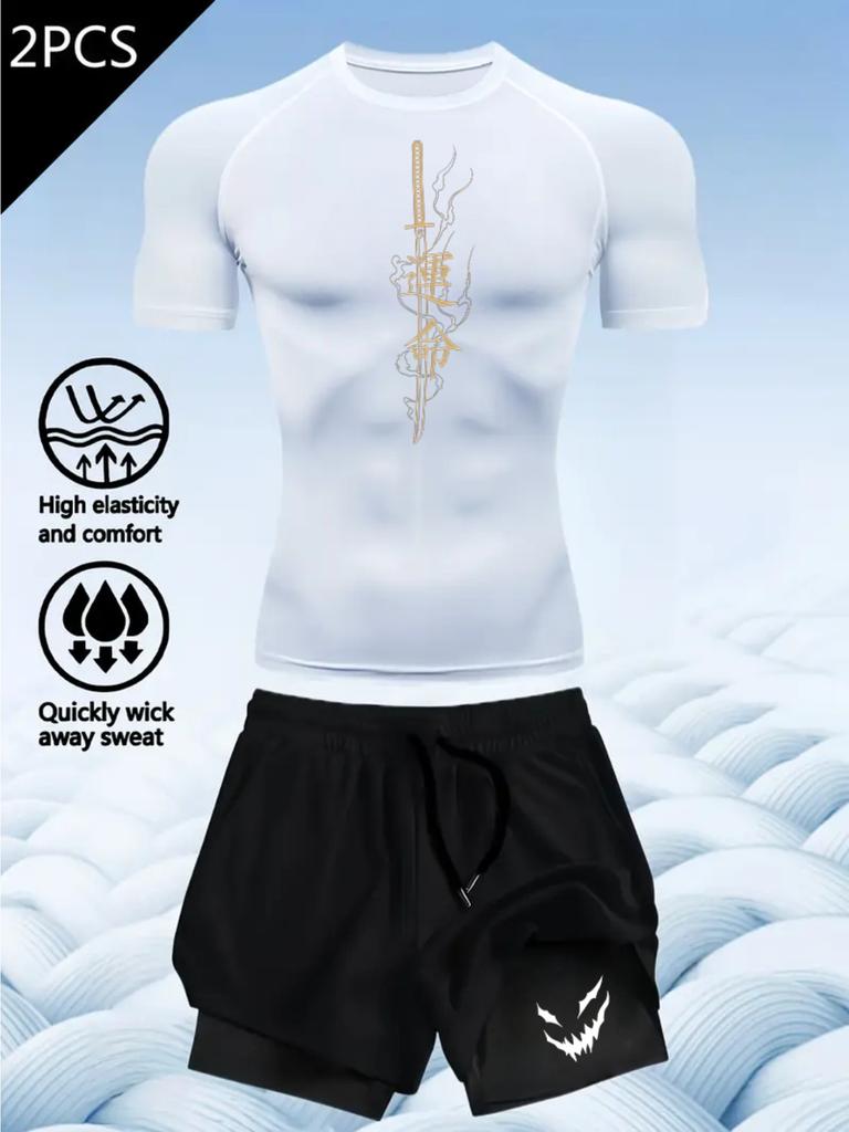 2D printed T-shirt men's summer two-piece sportswear running T-shirt elastic quick-drying sports top sports fitness shirt men's