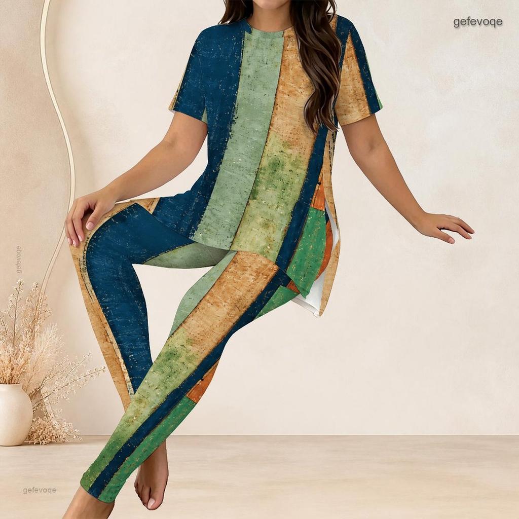Women Plus Size Two Piece Set Round Neck Short Sleeve Printed Long Top Fitted Long Pants