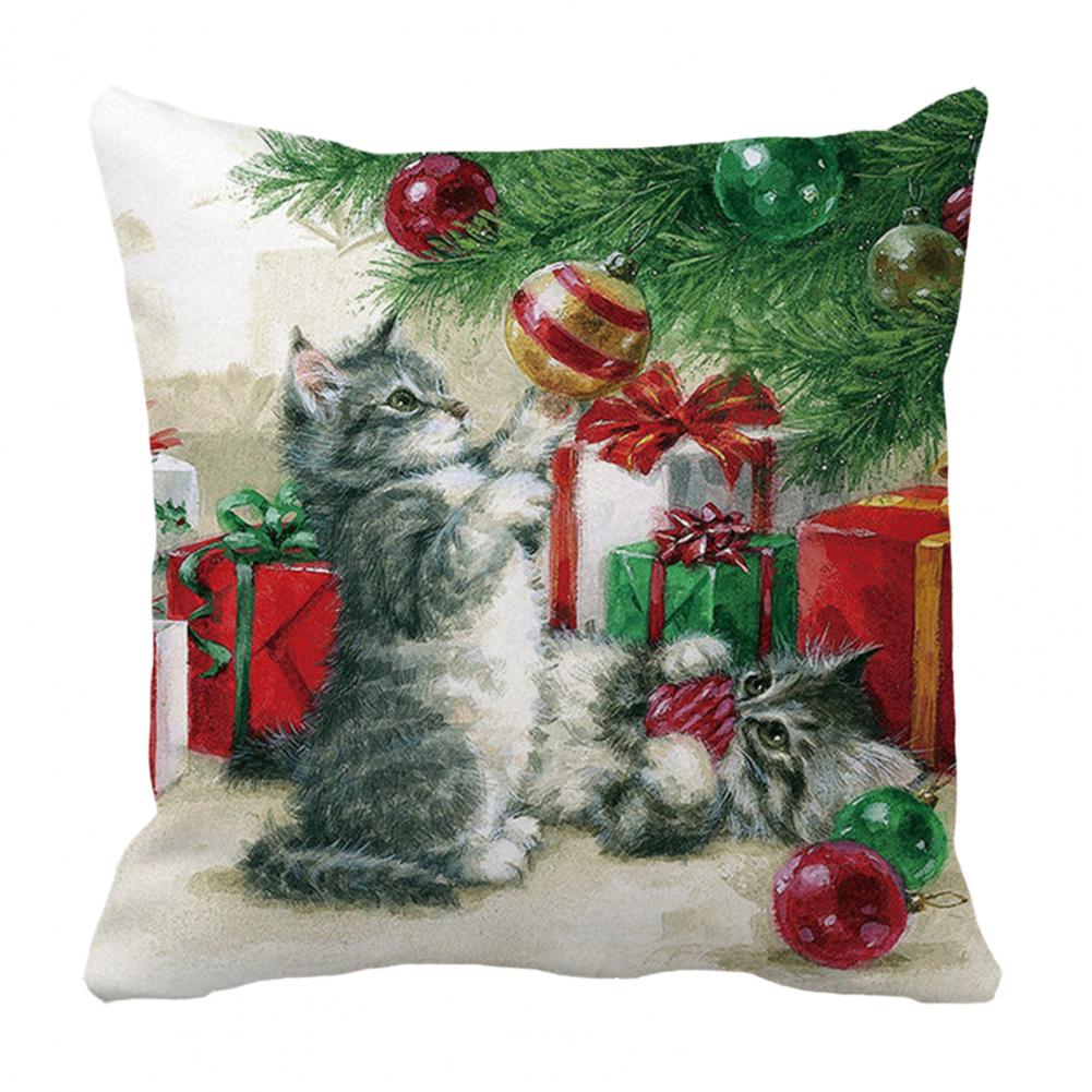 Christmas Gift Decoration Cute Cat Dog Print Cushion Cover Home Living Room Sofa Decoration Square Throw Pillow Cover