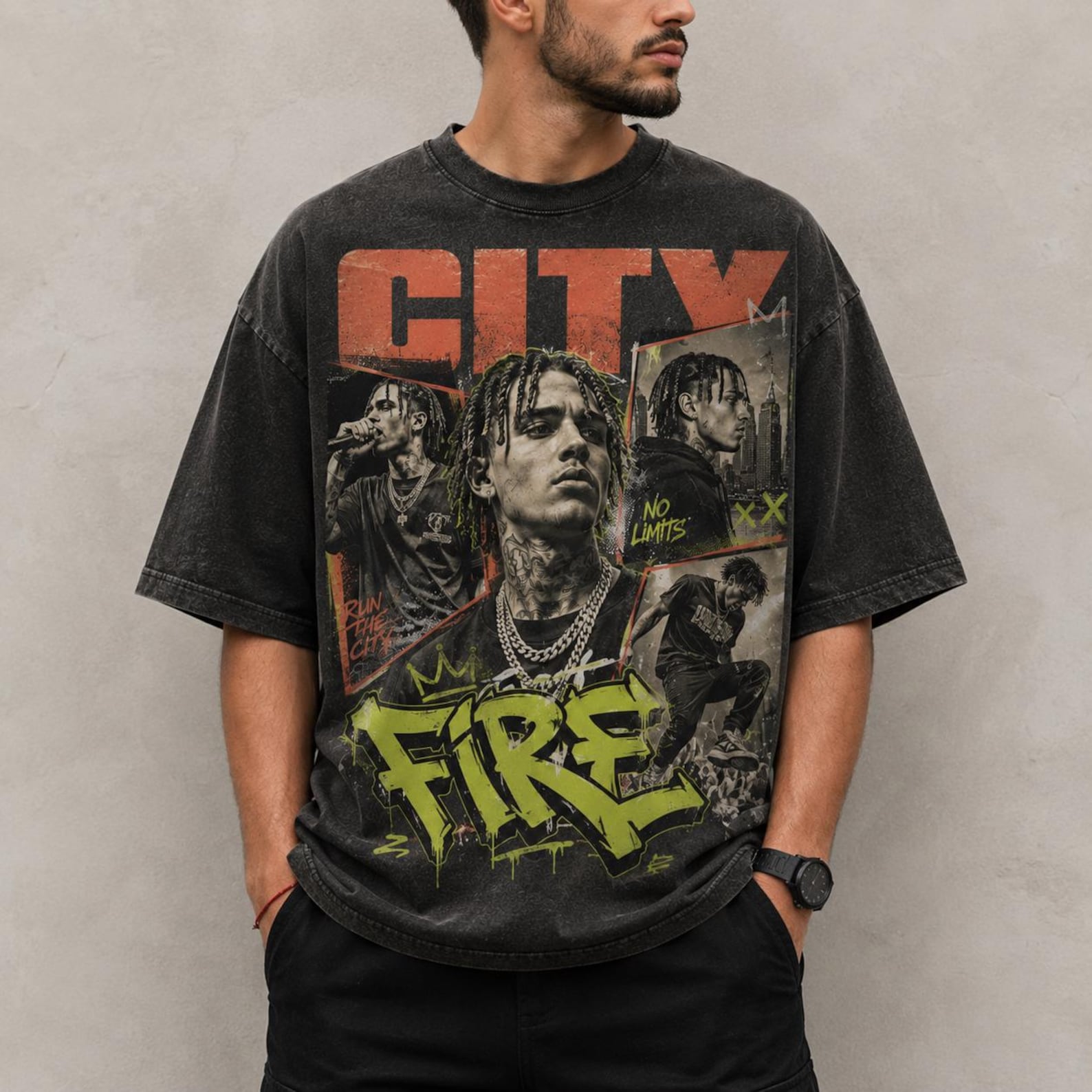 City Fire Urban Graphic Tee, Streetwear Music T-Shirt, Oversized Washed Style S