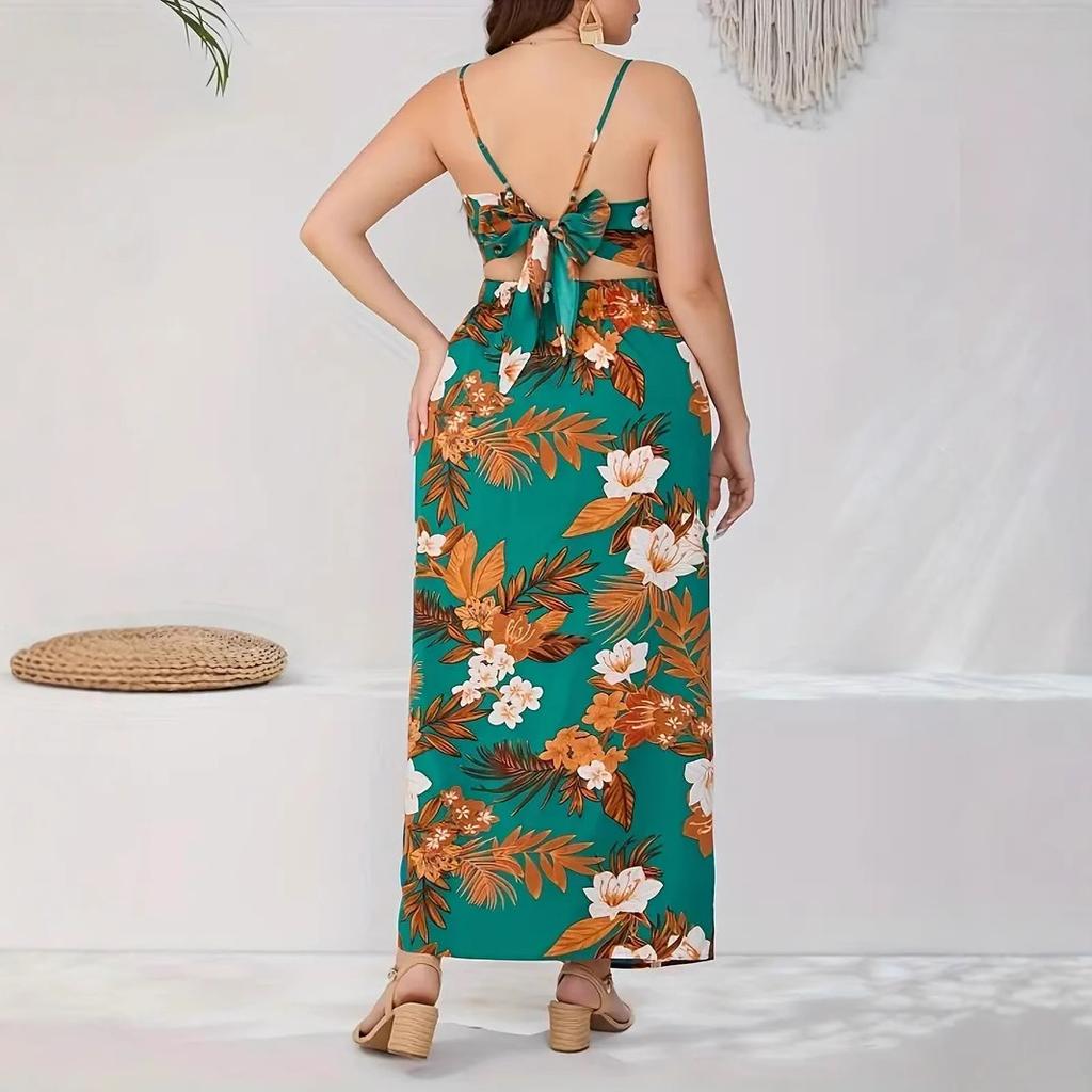 Women's Plus Size Camisole Top Printed Hem Split Sexy Halter Suit