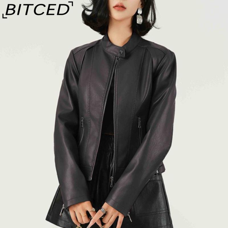 Fashionable Women's PU Leather Jacket, Stand Collar, Lightweight Spring/Autumn Style, Red Leather Jacket