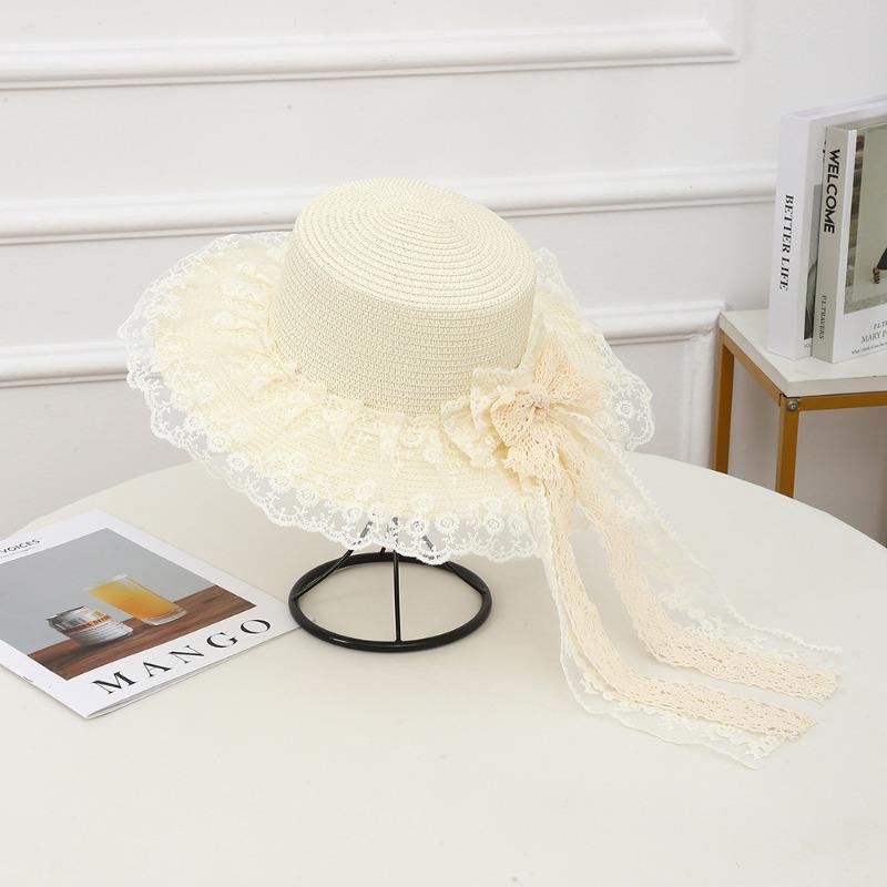 Summer Bow Sun Hat Female, Seaside Beach Vacation Sun Hat Outdoor Big Brim Sun Hat Sweet Straw Hat