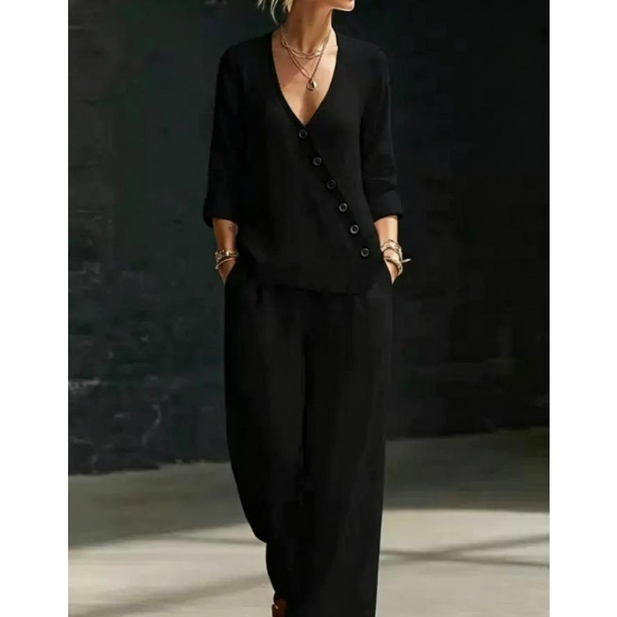 YYFS Women's Fashion Casual Spring Fall Solid Color Print Long Sleeve V-Neck Trousers Pants Suits