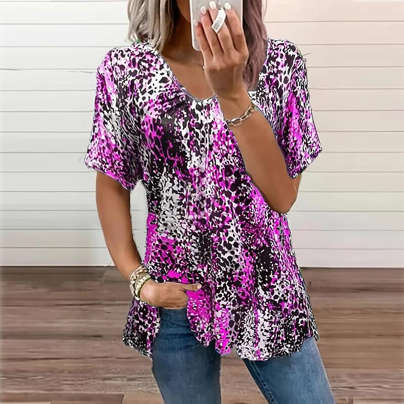 

Модные леопардовые принты блузки с коротким рукавом V-образный вырез футболки повседневные 7XL фиолетовый