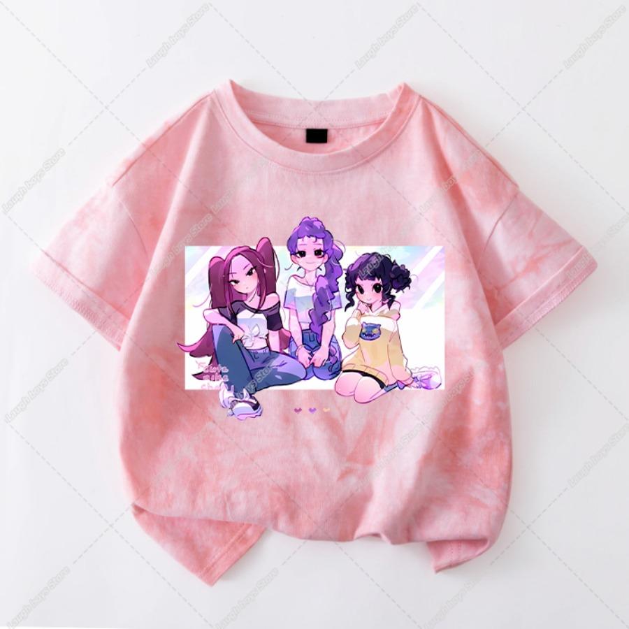 Kawaii KPop Demon Hunters Tie-dye T-shirt Girls Short Sleeve Tops Rumi Mira Zoey Printed Tee Shirts Summer Children's Clothing
