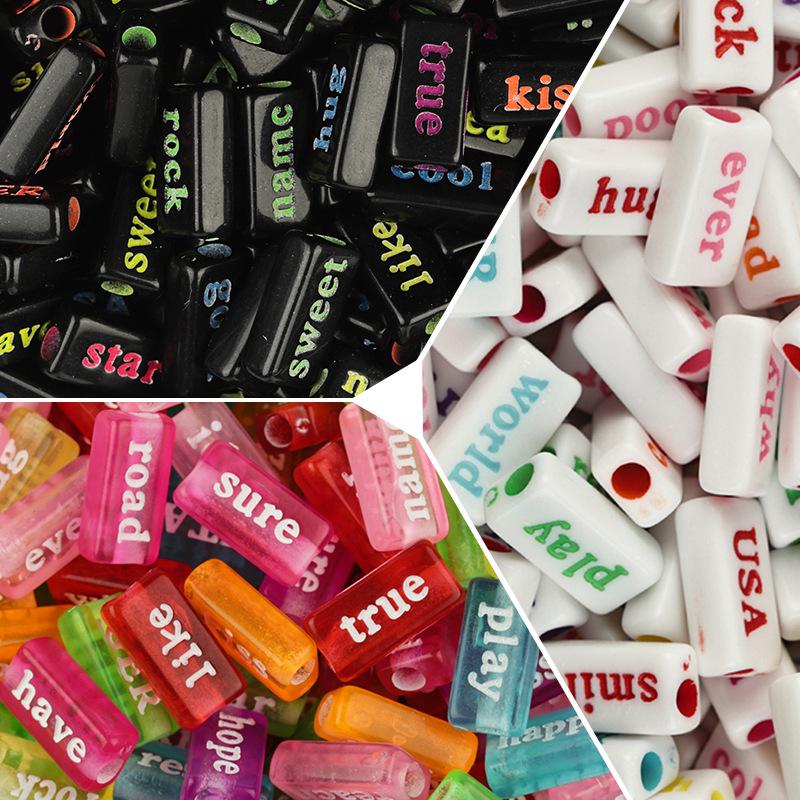 50 Acrylic Rectangle Word Beads, Candy Colors, Solid, Perforated for DIY Crafting.
